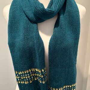 WOMEN'S KNIT SCARF - TEAL BLUE WITH SEQUINS & BEADS - ONE SIZE